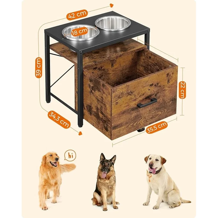 Feandrea Hundenapf erhöht, für große Hunde, Futternapf mit Gestell, erhöhter Fressnapf mit Schublade, Futterstation, 2 Schüsseln, 39 cm hoch, vintagebraun-schwarz – Bild 5