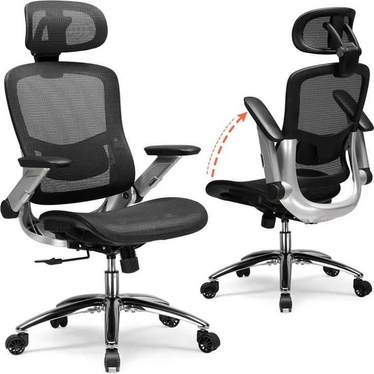 COMHOMA Bürostuhl, ergonomischer schreibtischstuhl mit Mesh, 2D-Kopfstütze, 4D-Armlehnen, Hohe Rückenlehne mit Wipp- & Feststell (90-125°), extra breite Sitzfläche, Belastbarkeit 180 kg, Schwarz – Bild 1