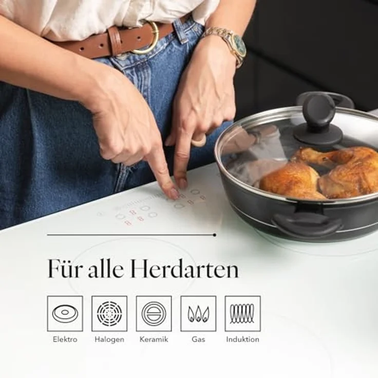 FLORINA Aluminium Topf (1,3 l) 20 cm I Kochtopf DELUX mit Glasdeckel I Messbecher & Antikratz-Beschichtung I Niedriger Topf mit Induktionsboden I Induktionsherd, Gasherd, Elektroherd (Schwarz) – Bild 3