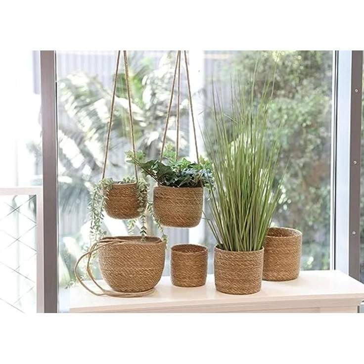 Spetebo Übertopf Seegras Blumenampel natur - 3er Set (Packung, 1 tlg), Geflochtene Boho Chic Blumentöpfe – Bild 4