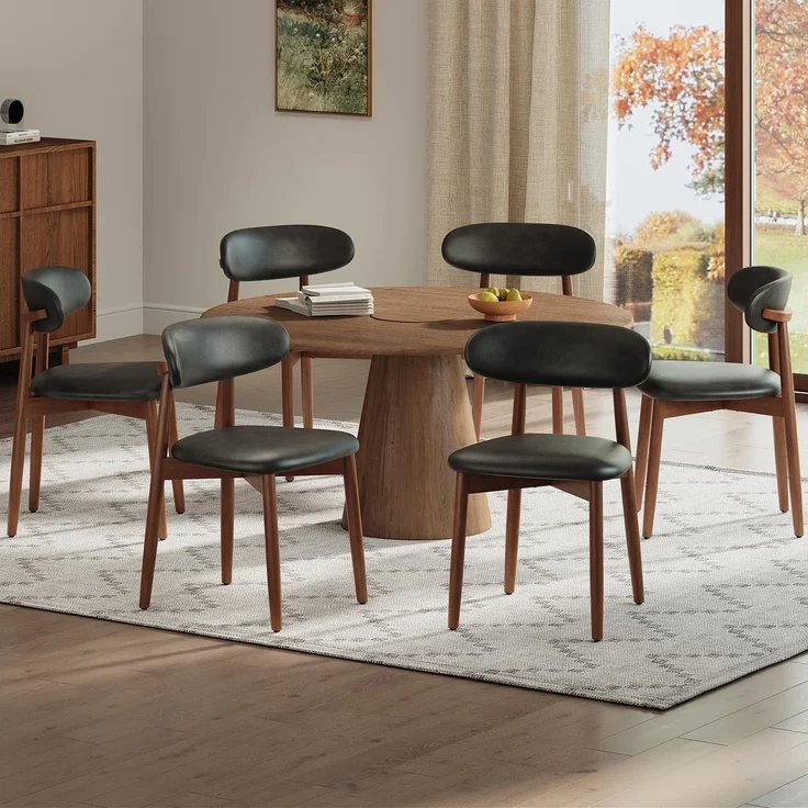 MALOL Stühle Esszimmer 6er Set, Gepolsterte Küchenstühle mit Hochdichtem Schaumstoff, PU-Lederbezug, Ergonomische Rückenlehne, Gummiholzgestell Nussbaum-Optik, für Küche Wohnzimmer Café, Schwarz