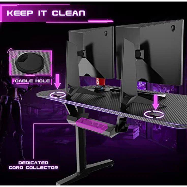 Himimi 160cm Gaming Schreibtisch, 160 x 75 x 75 cm Ergonomischer Trust Gaming Tisch, T-Form PC Gamer Computertisch mit großer pad, Becherhalter, Kopfhörerhaken, Kabelmanagement & Gaming Griffgestell – Bild 5