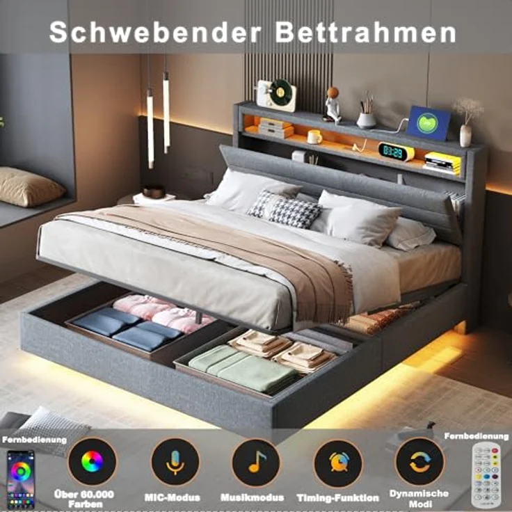 Ball & Cast Polsterbett 160x200 cm Schwebebett mit Beleuchtung, Wendbares Kopfteil und Ladestation, Bett 160x200 mit Stauraum, Modern Doppelbett mit Lattenrost, Grau – Bild 7