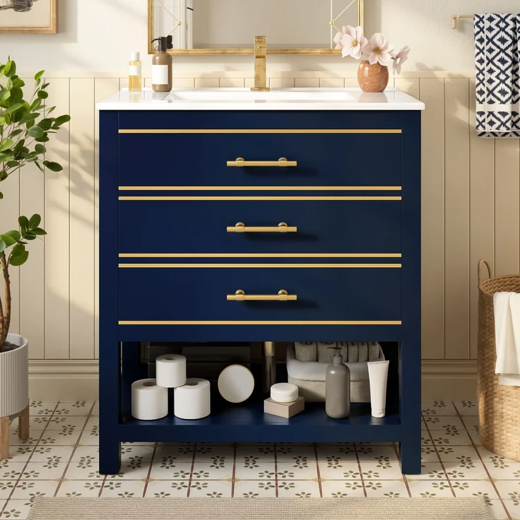 Waschtisch-Unterschrank 76 cm Schwarzblau mit Keramikbecken 2 Schubladen gold handhaben – Bild 4