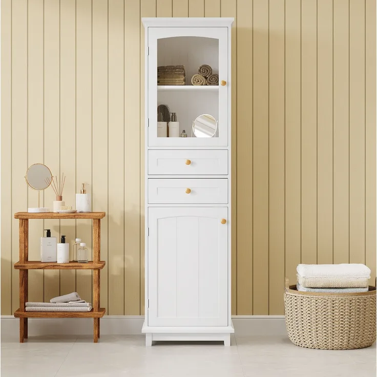 Badezimmerschrank 45 x 36 x 160 cm in Weiß mit Glastür, Schubladen und verstellbarem Einlegeboden