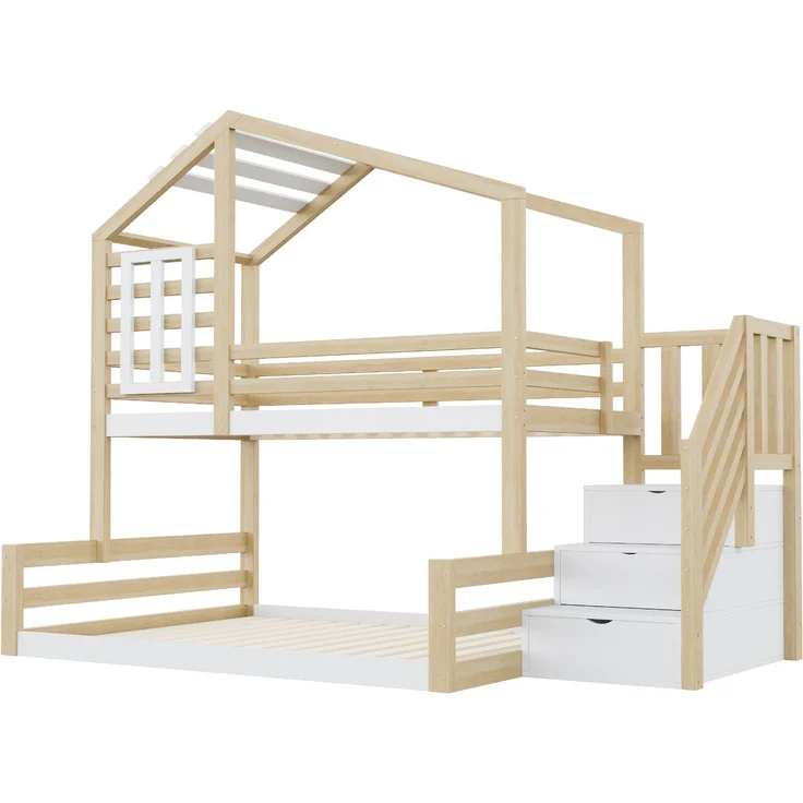 Kinder-Etagenbett "Haus-Design" 90x200 cm, Natur Kiefer, mit Staufachtreppe – Bild 4