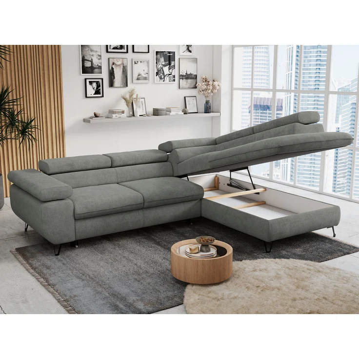 Mks Möbel 'Peter L-form' Ecksofa mit Bettfunktion, Bettkasten & einstellbaren Kopfstützen, Grau, Stoff, mit Topper, rechts – Bild 3