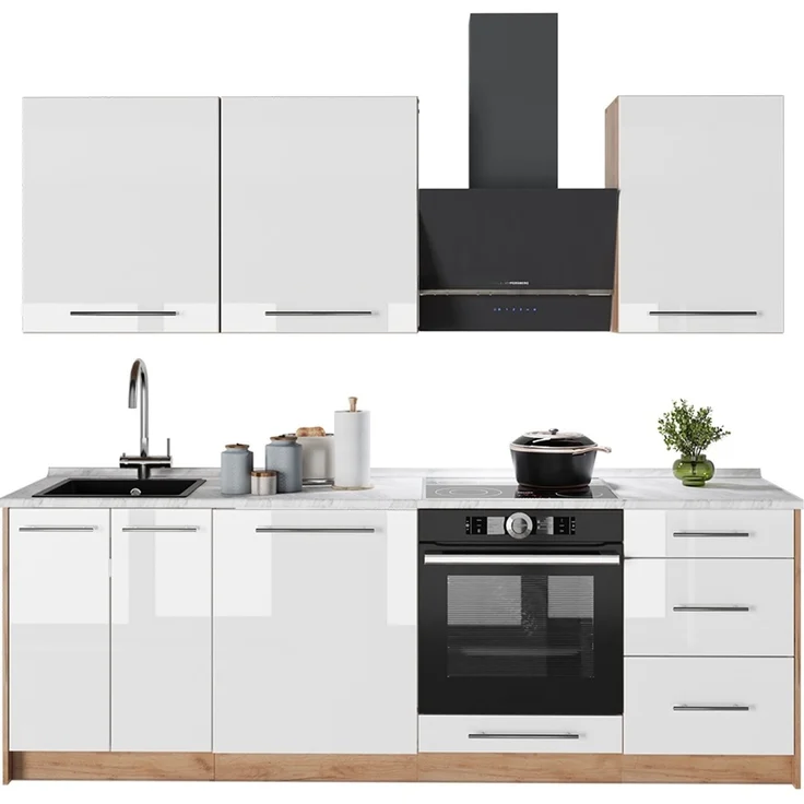 Küchenzeile Fame-Line Weiß Hochglanz/Goldkraft Eiche 230 cm, AP Marmor Vicco – Bild 5