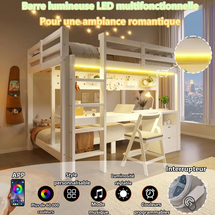 Merax Etagenbett, Hochbett, Kinderbett 90x200 cm & 140x200 cm, mit Schubladen und Schreibtisch, ausgestattet, inklusive LED-Lichtleiste, (Keine Stühle), Weiß – Bild 7