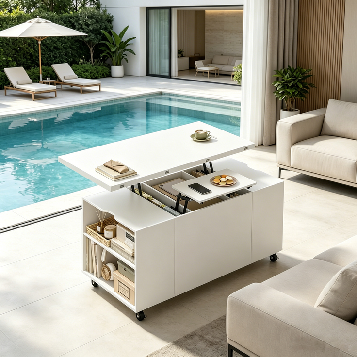 Couchtisch 100 x 50,5 x 53 cm mit Lift-Top, Rollen, Schublade und Metall-Holz-Konstruktion