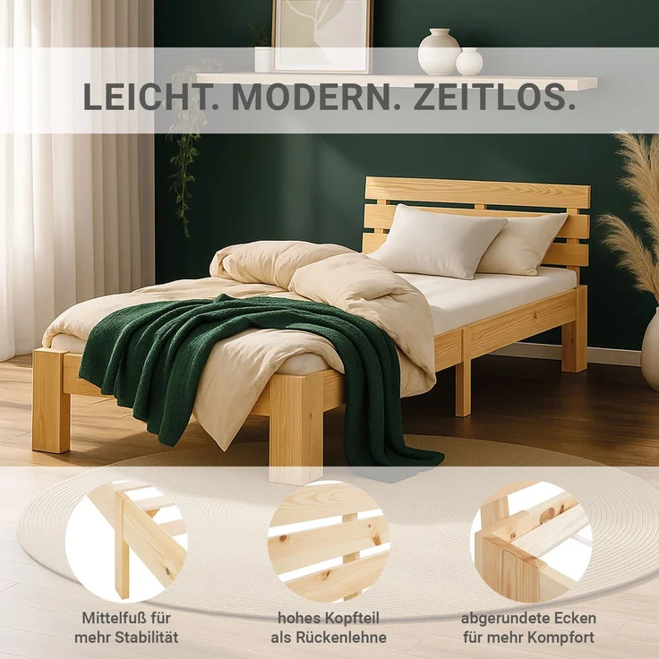 Holzbett Jugendbett Einzelbett 90x200 Bett mit Matratze und Lattenrost Holzbettrahmen Natur Massiv Holz – Bild 9