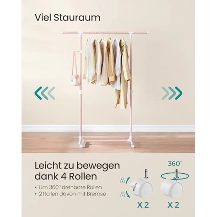 SONGMICS Kleiderständer auf Rollen, Kleiderstange, höhenverstellbar zwischen 97 und 165 cm, ausziehbare Garderobenstange, Garderobenständer, seitliche Haken für Accessoires, pastellrosa LLR001R02 – Bild 5