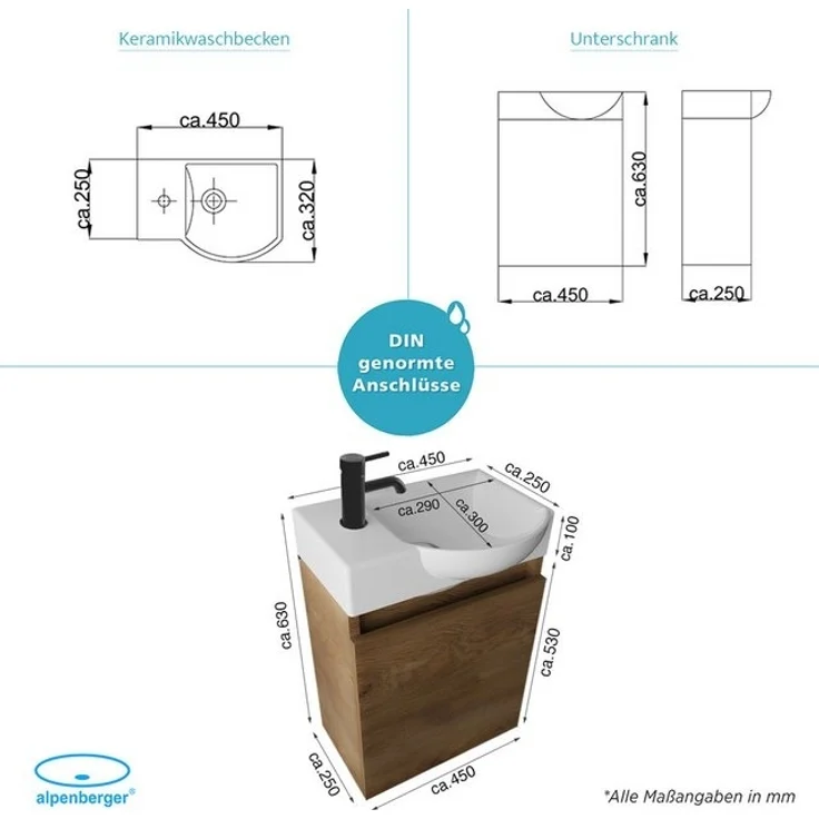 Alpenberger Badmöbel-Set Gäste WC Waschbecken mit Unterschrank - Hängeschrank Vormontiert, (Badschrank 2-tlg, Waschtisch hängend), Waschbeckenunterschrank mit Softclose - Farbe Eiche - Rechts Becken – Bild 4