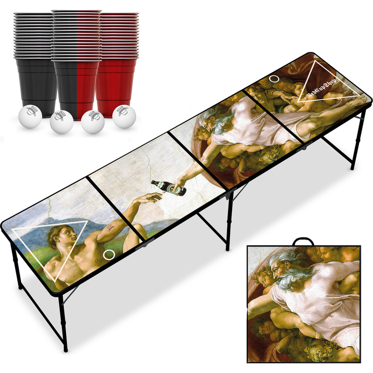 RedCupShop® 'Schaffung des Bieres' Bierpong Tisch, inkl. 50 Bechern und 8 Bällen, klappbar, tragbar, wasserabweisend & kratzfest, Aluminium / MDF, 240 x 60 x 70 cm