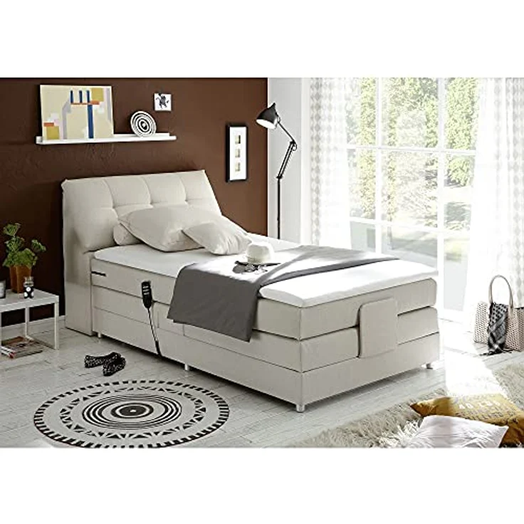Lomadox Boxspringbett CONCORD3M-09, elektrisch verstellbar, 120x200 cm, 7-Zonen-Tonnentaschenfederkern, Artemis 1 Ivory creme – Bild 1