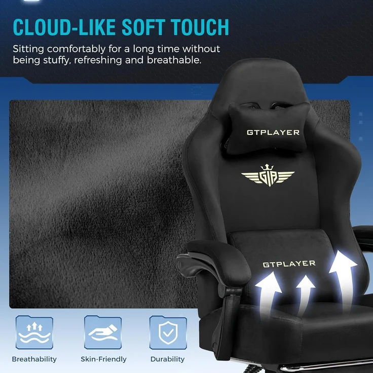 GTPLAYER Gaming Stuhl, Atmungsaktiver Bürostuhl, bürostuhl ergonomisch, Hochwertiger - Stoff, Ergonomischer PC Stuhl, 160° Verstellbare Rückenlehne und ausziehbare Fußstütze,Schwarz – Bild 5