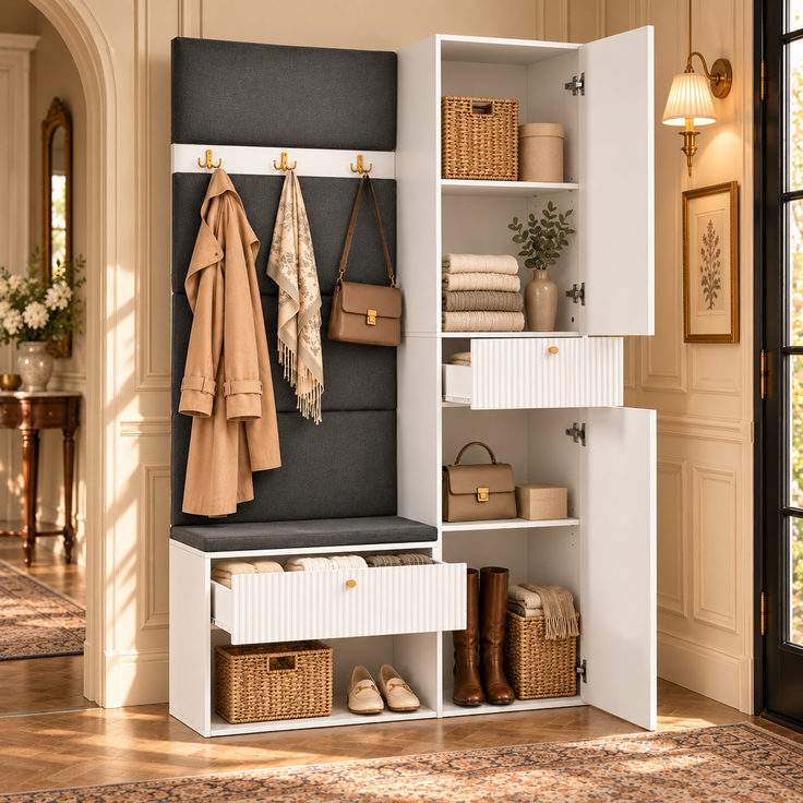 Flieks Garderobe 110 x 38 x 179.5 cm mit gepolsterter Sitzbank, Schuhablage, Garderobenpaneel, Haken und Stauraum, Weiß – Bild 3