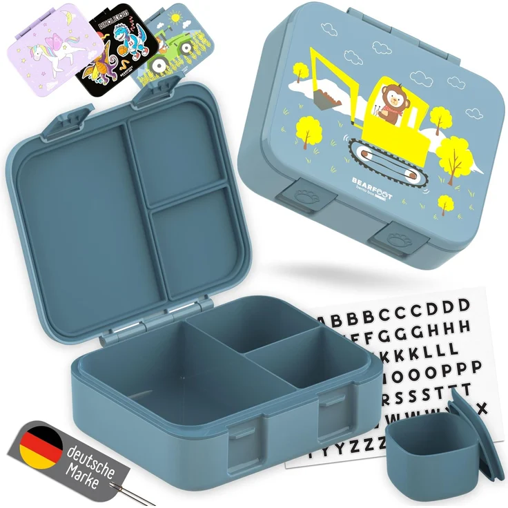BEARFOOT Bento Box COMPACT Kinder Brotdose (Bagger-blau, 1.000 ml) | BPA-frei, auslaufsichere Lunchbox mit Fächern, für Schule & Kindergarten, für Mädchen & Jungen, leicht & kompakt
