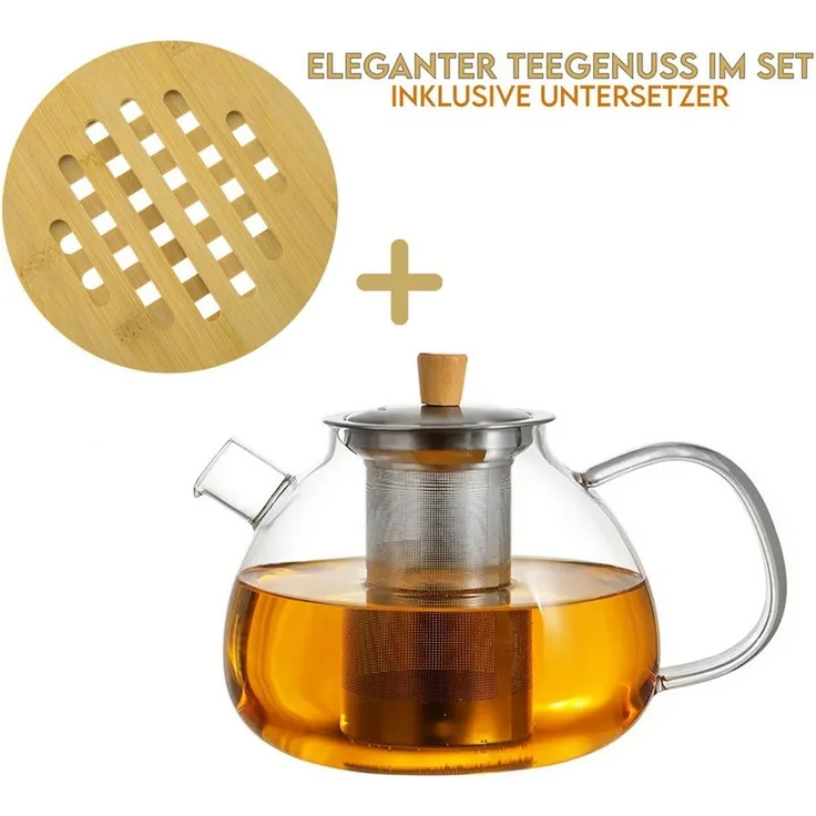 hausleben Teekanne Teekanne aus Glas mit Edelstahl-Sieb Unterteller Dobin – 1,5 Liter, (Set, 1-St, 1 Edelstahlsieb, 1 Teekanne, 1 Bambus-Untersetzer), Bambus Unterteller Tropffrei, Hitzebeständig, Spülmaschinenfest