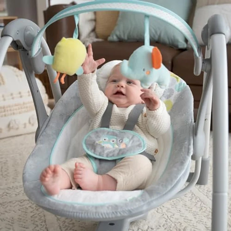 Ingenuity Hugs & Hoots zusammenklappbare & tragbare Babyschaukel, 5 Schaukelgeschwindigkeiten, 8 Melodien, 3 Naturgeräusche, Lautstärkeregulierung und abnehmbarem Spielzeugbügel, ab der Geburt bis 9kg – Bild 13