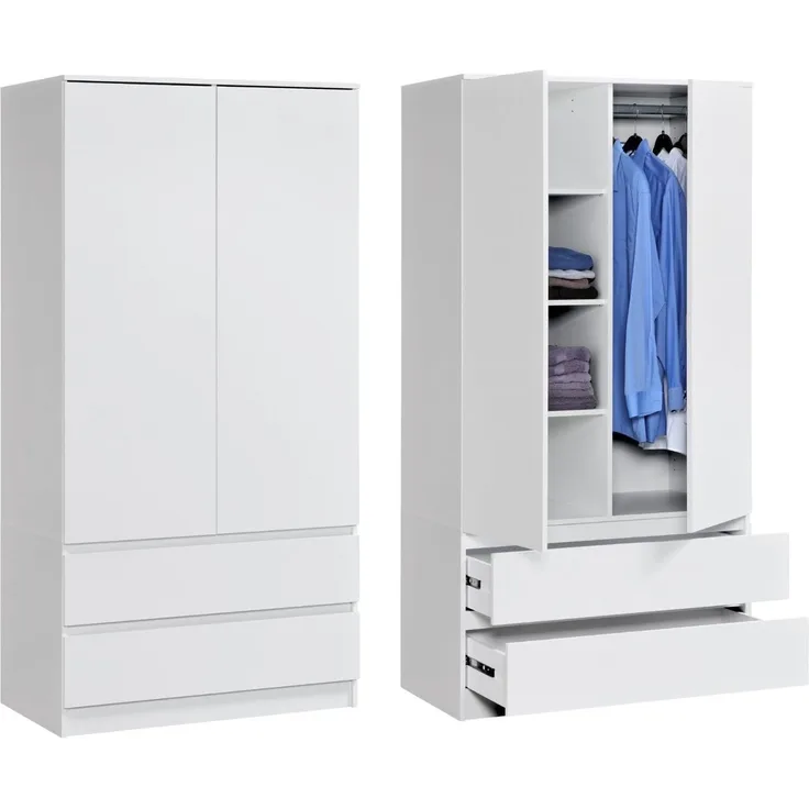 Home Collective Kleiderschrank mit 2 Türen, 3 Einlegeböden und 2 Schubkästen in Weiß (Schrank Garderobenschrank für Schlafzimmer, Kinderzimmer, Flur, Keller) Kleiderschrank 90 cm breit mit Schubladen Höhe 182 cm