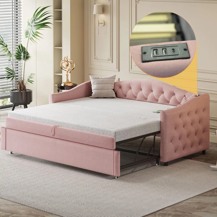 Ball & Cast Schlafsofa (90/180x200 cm) mit USB-Anschluss und Weicher Kantenschutz, Klassische Knopf-Design, Einfach & Zeitsparend Montierbar, Ausziehbar - Leinenstoff, Rosa
