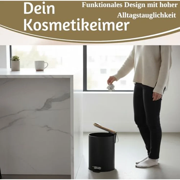 LS-LebenStil Tretmülleimer 3L Schwarz Matt, Rund mit Softclose Holz Deckel und Fußpedal, Kosmetikeimer für Bad und Büro – Bild 5