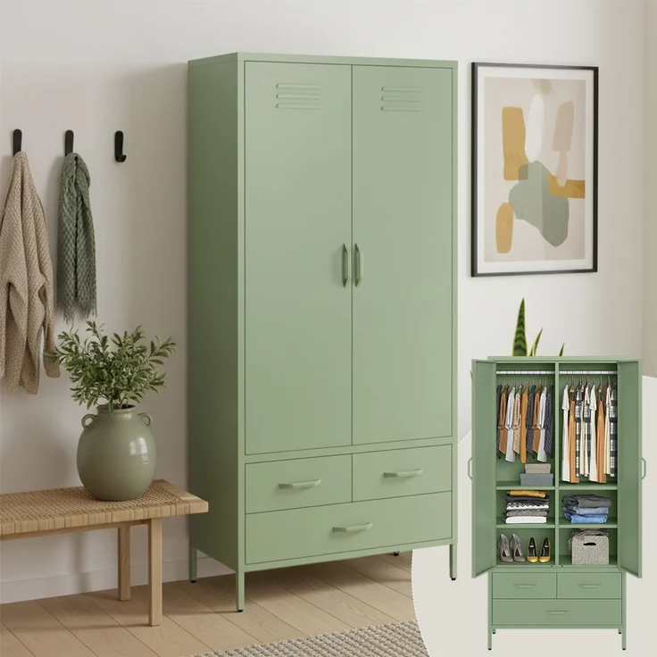 skølm 'Atria' Kleiderschrank mit 3 Schubladen, Metall, 170x45x80 cm, grün, Garderobe mit 4 Fächern und 2 Kleiderstangen – Bild 1