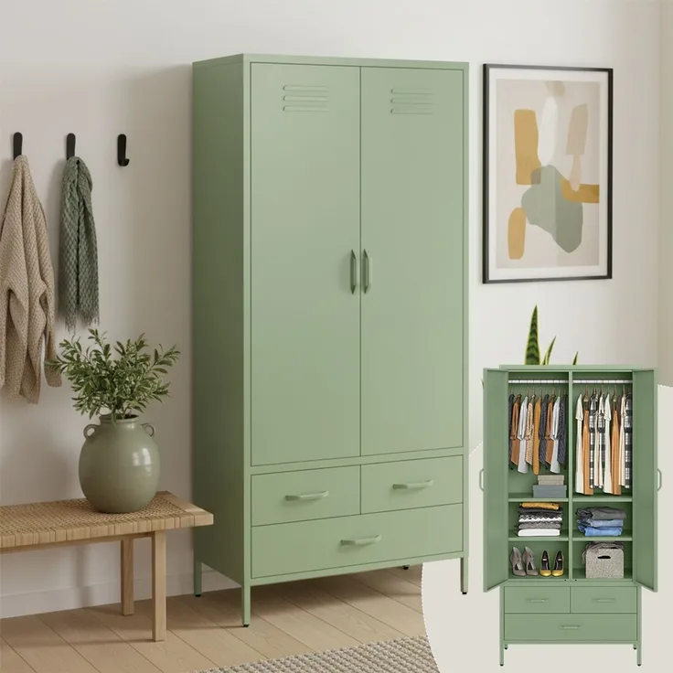 skølm 'Atria' Kleiderschrank mit 3 Schubladen, Metall, 170x45x80 cm, grün, Garderobe mit 4 Fächern und 2 Kleiderstangen