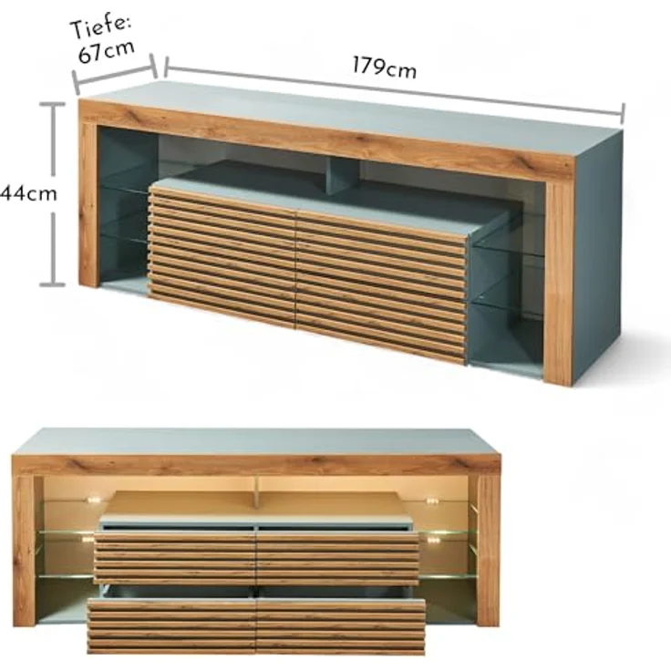 Goal 2 TV-Lowboard mit LED-Beleuchtung in Salbei, Evoke Eiche Optik - TV Schrank mit viel Stauraum für Ihr Wohnzimmer - 179 x 67 x 44 cm (B/H/T) – Bild 8