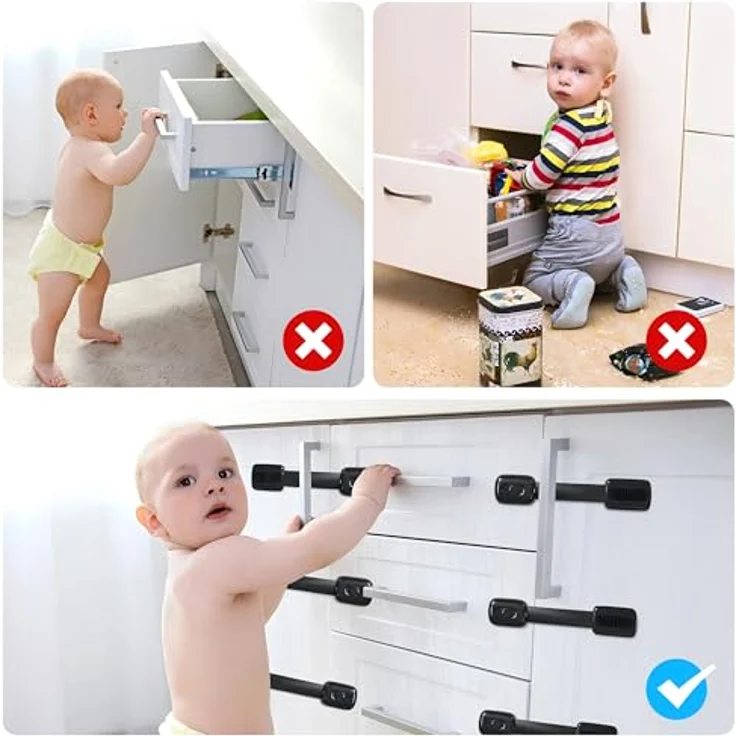 ECHOCUBE 10 Stück Kindersicherung für Schrank, Verstellbare Baby Schubladensicherungen mit 3M Kleber, Baby Sicherheitsschlösser für Schränke, Schubladen, Kühlschrank - ohne Bohren (Schwarz) – Bild 8