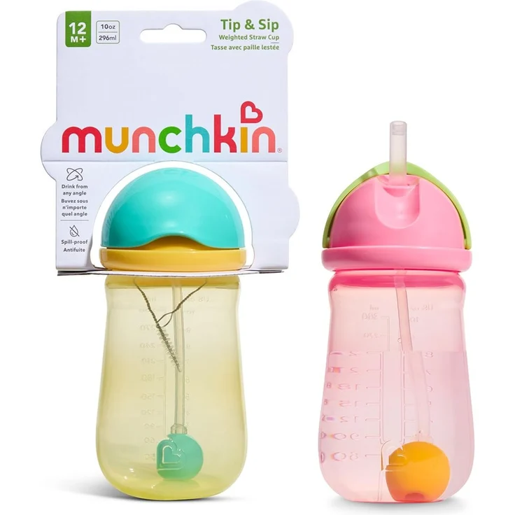 Munchkin Babyflasche mit Strohhalm Tip and Sip | 2er-Pack | 12m+ | 296 ml | Rosa/Gelb – Bild 1