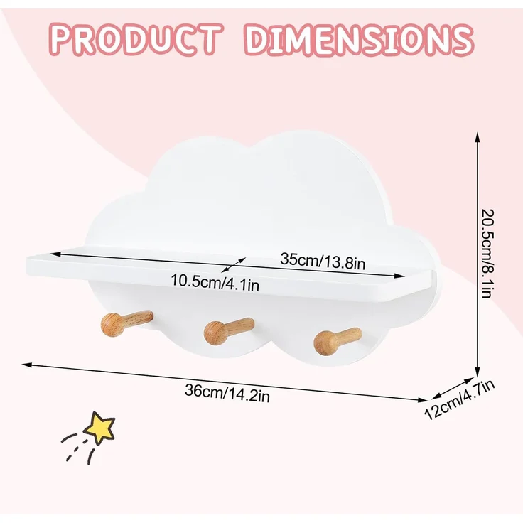 WOLTU Wolkenregal, Kinder Garderobenhaken, Wandregal mit Haken, Hängeregal, Schweberegal weiß, schwebendes Regal für Kinderzimmer, Wanddeko, 36 x 12 x 20,5 cm – Bild 3
