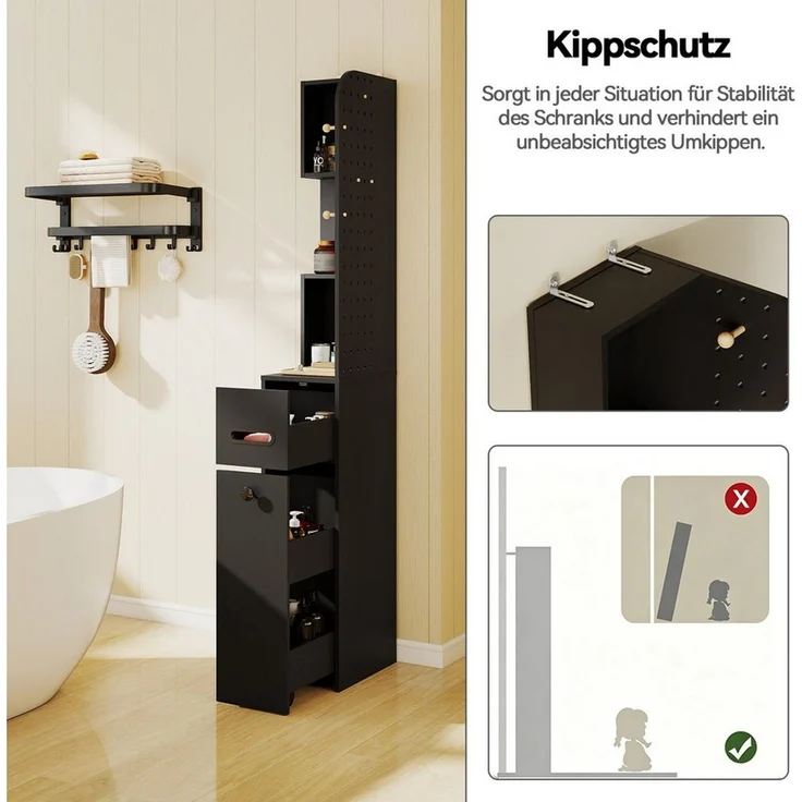 Puluomis Badkommode Badezimmerschrank mit Schubladen, Lochwand, Hochschrank schmal, 35 x 24 x 165 cm, Aufbewahrungsschrank für Bad, Küche – Bild 4
