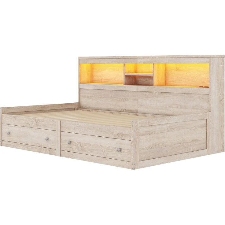 Holzbett mit LED-Beleuchtung und Stauraum, 90x200 cm, Einzelbett mit Mehrfachsteckdose und Lattenrost, Jugendbett – Bild 6