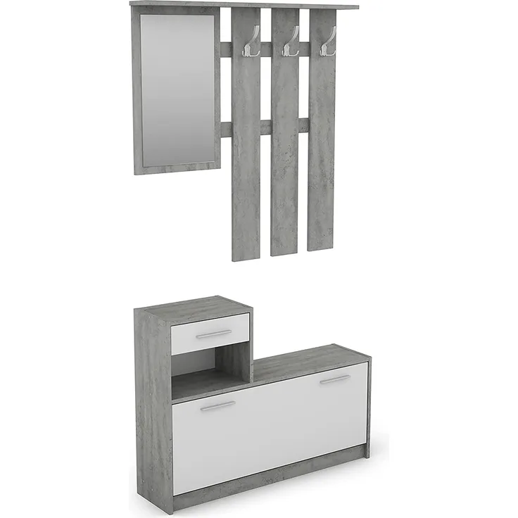 byLIVING Garderoben-Set TAMINA / Kommode mit Schuhschrank + hängende Garderobe mit Spiegel / Beton Optik grau / Fronten Weiß / Flur-Schrank / Schränke / Regal / 100 x 190 x 25 cm (B x H x T)