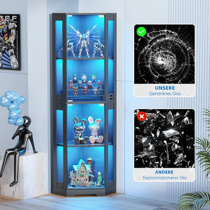 Eckvitrine 165x56x37 cm, 4-stöckiger Glasvitrinenschrank mit LED-Beleuchtung, griffloses Design, Schwarz – Bild 8