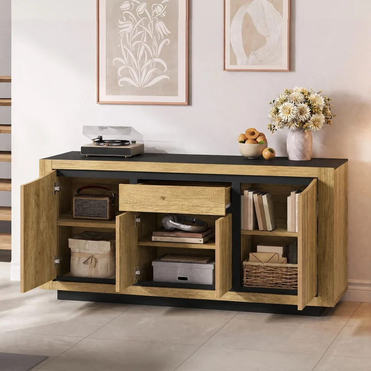 Sideboard 140 x 40 x 60 cm aus MDF in Holzoptik und Schwarz, mit 4 Türen und 1 Schublade – Bild 4