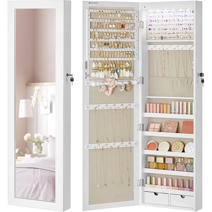 Songmics Schmuckschrank mit LED Beleuchtung und Spiegel, MDF Weiß-Greige, 10 x 37 x 120 cm