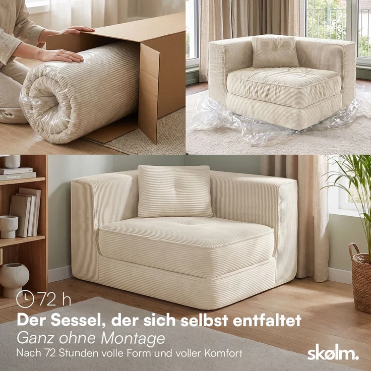 skølm 'Ránar' Ecksessel mit Liegefunktion und 1 Kissen, Sessel ausklappbar, vakuumverpackt ohne Aufbau, beige aus Cord – Bild 4