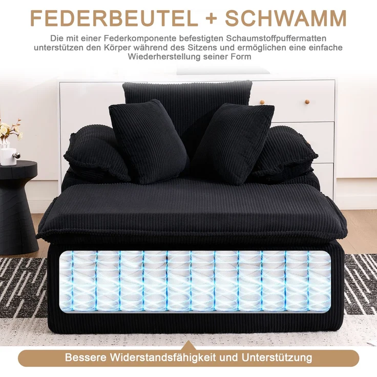 Großes Cord Sofa Cloud Form, rahmenloses Loungesofa,High-Density Schaum, kein Aufbau, 177x122 cm,ergonomisch,weich,Schwarz – Bild 8