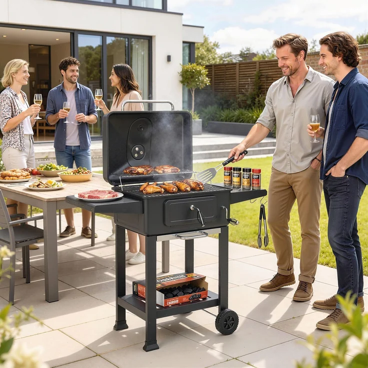 Holzkohlegrill BBQ Smoker mit Deckel Thermometer höhenverstellbar Kohlepfanne Grillrost Seitentisch Aschefach--Schwarz--101.5x63x112cm--CHENHAONING – Bild 3