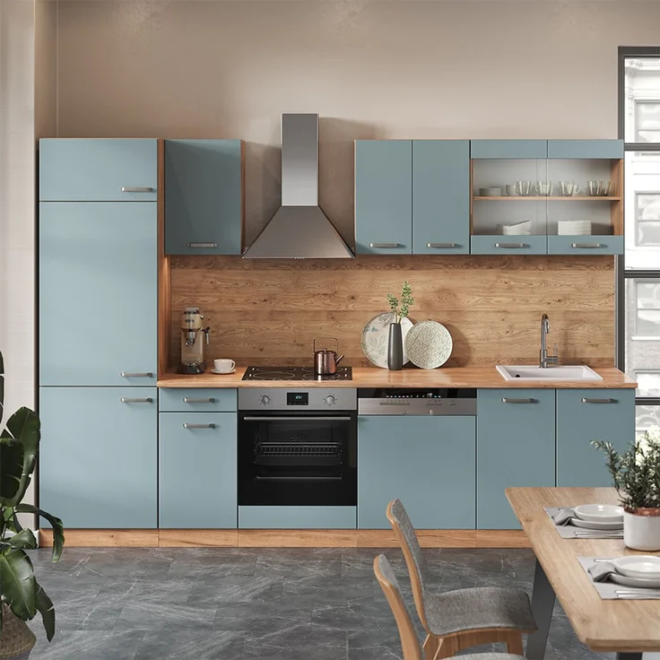 Küchenzeile R-Line Blau-Grau/Goldkraft Eiche 300 cm , AP Eiche Vicco – Bild 4