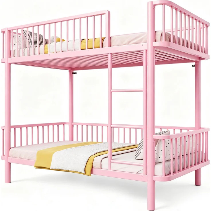 EINHOM Metall-Etagenbett 90*200 mit abgerundeten Ecken, erhöhten Beinen, Sicherheitsgeländer, platzsparend, Schwarz, Rosa (Ohne Matratze) – Bild 6