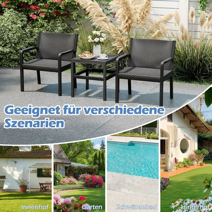 3tlg. Rattan Gartenmöbel Set Wetterfestes Balkonmöbel Balkonset inkl. 2 Stühle mit Tisch Schwarz – Bild 3
