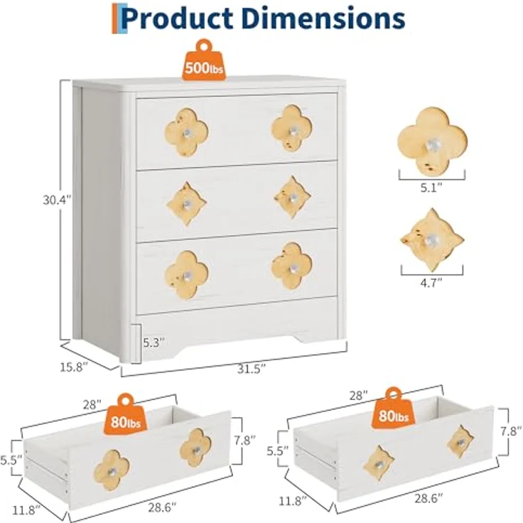 GarveeHome Kommode Mit 3 Schubladen, Nachttisch Mit Durchbrochenem Muster Und Kristallknauf, Dekorativer Beistelltisch Mit 220 kg Tragkraft, Für Wohnzimmer Und Schlafzimmer, 80 x 40 x 77 cm – Bild 2