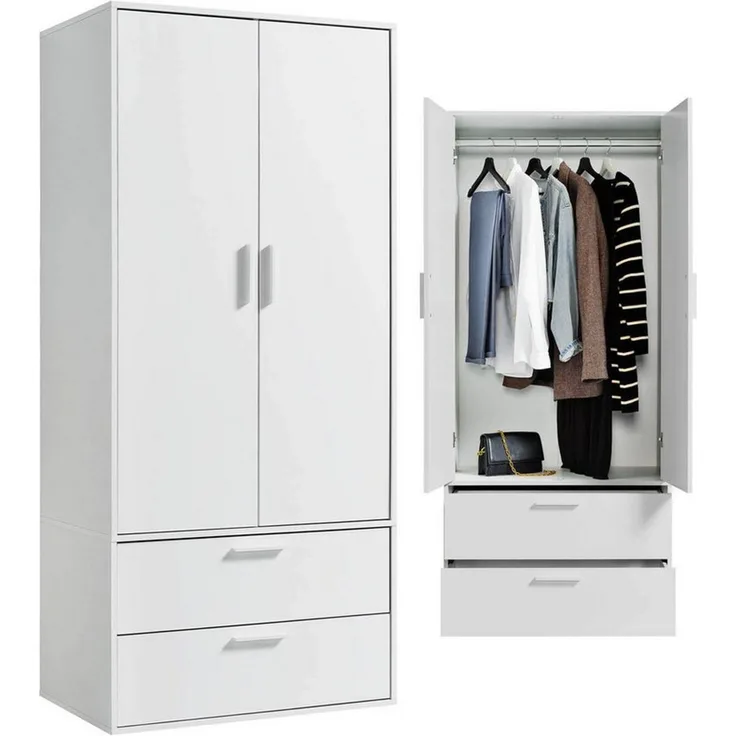 mokebo Kleiderschrank Der Kleiderheld (80x180x51 cm, 2-türig & 2 Schubladen) Made in Germany, Garderobenschrank, Schlafzimmerschrank in Weiß