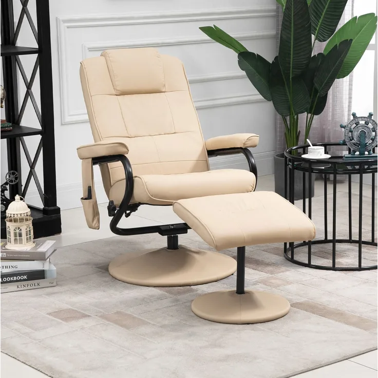 Massagesessel mit Hocker, Kunstleder, 360° drehbar, 77x84x95 cm, Cremeweiß