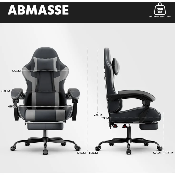 Gamingstuhl mit ergonomischer Form, verstellbarer Rückenlehne & Fußstütze, 58,5x63x120,5 cm, Schwarz/Grau – Bild 2