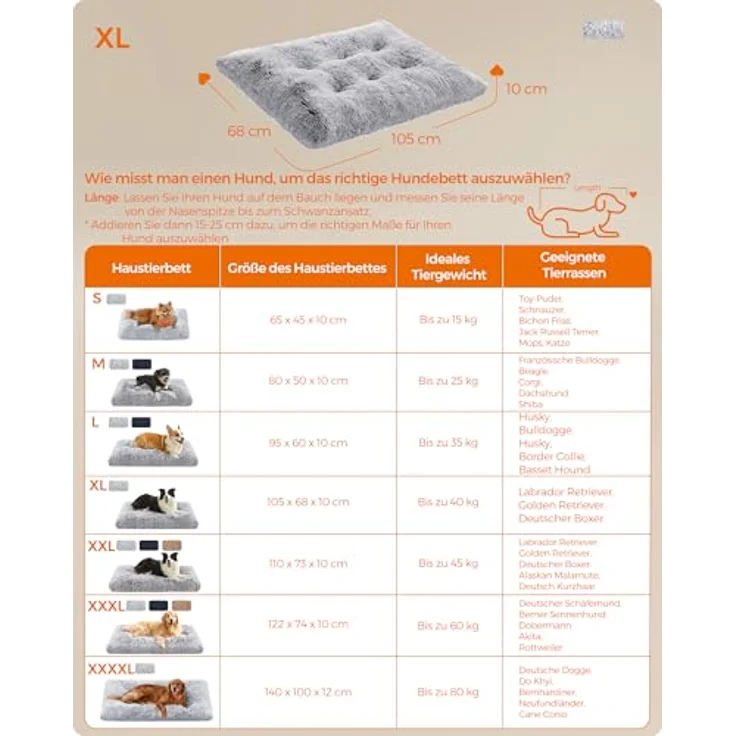 Feandrea Hundebett, Hundekissen, Flauschige Hundematte, Langer Plüsch, 105x68 cm, weiche Polsterung, waschbar, multifunktional, Ombré-Grau PGW206GA01 – Bild 7